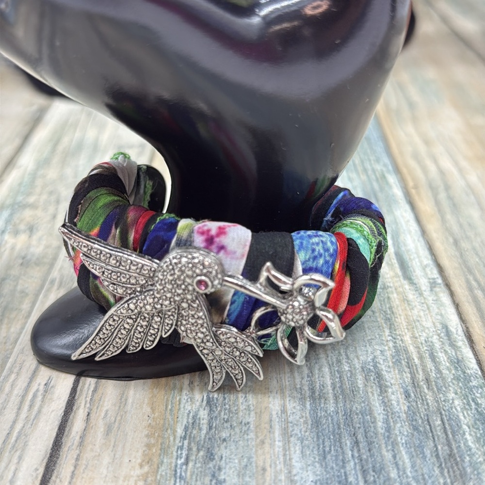 🌟Adorned Crown Jewelry assemblage Hummingbird Multicolor Fabric cuff bracelet